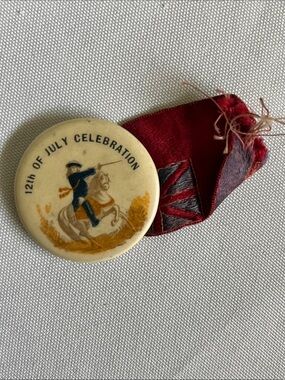 Vintage 12th of July Celebration Button with Flag Ribbon, No Pin Back